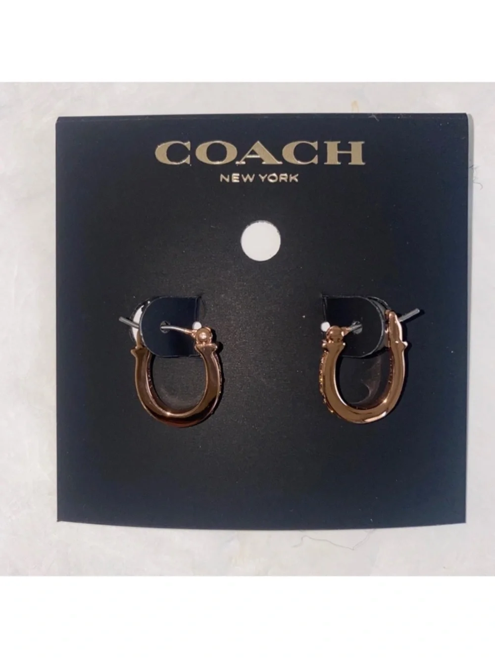 COACH Pave Signature Huggie Earrings Rose Gold Hinged Snap Back Closure $78 - Picture 3 of 5